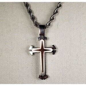 Vintage Stainless Steel 3D Cross Pendant Thick 23" Rope Necklace